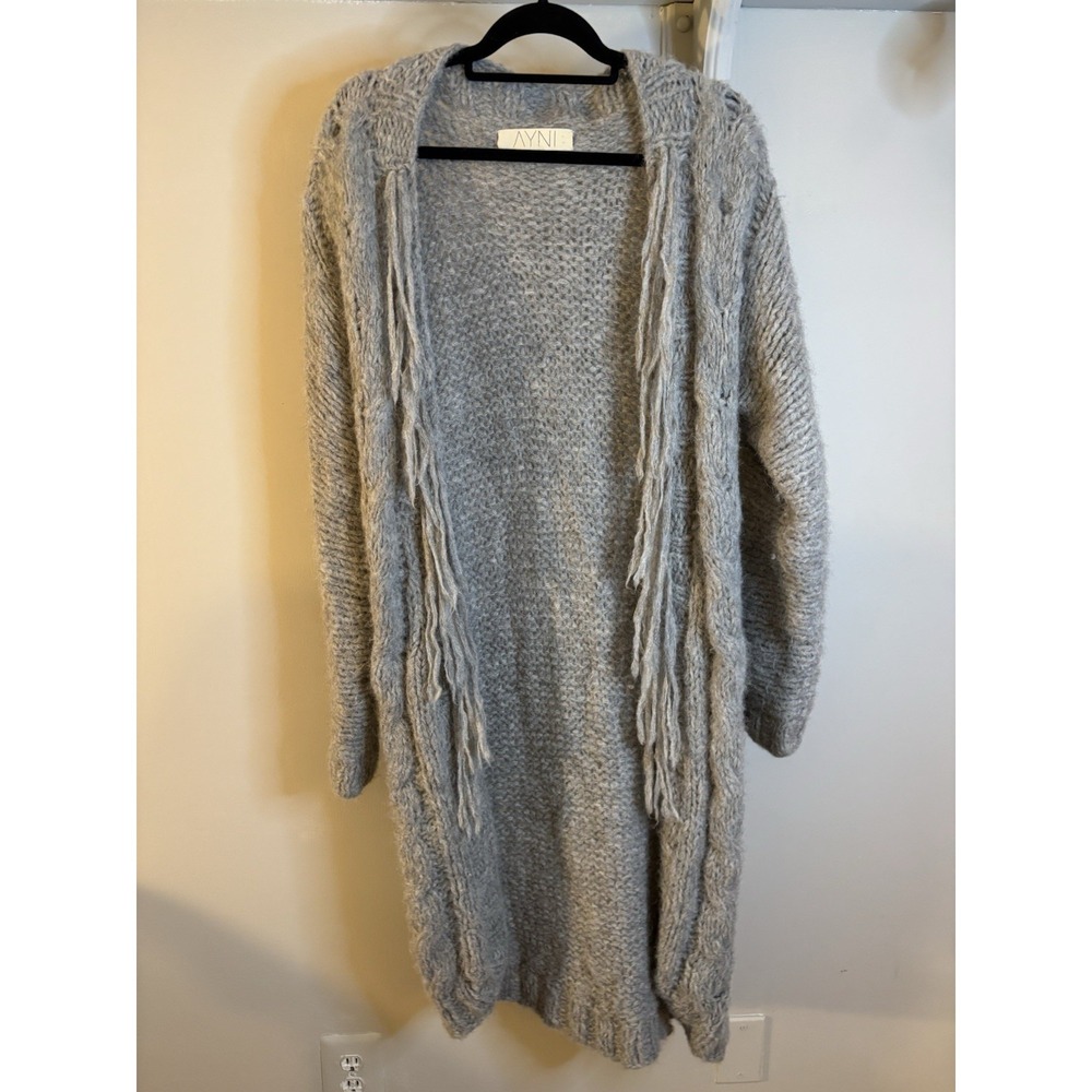 AYNI Gray Alpaca Chunky Knit Open Cardigan Sweater L Fringe